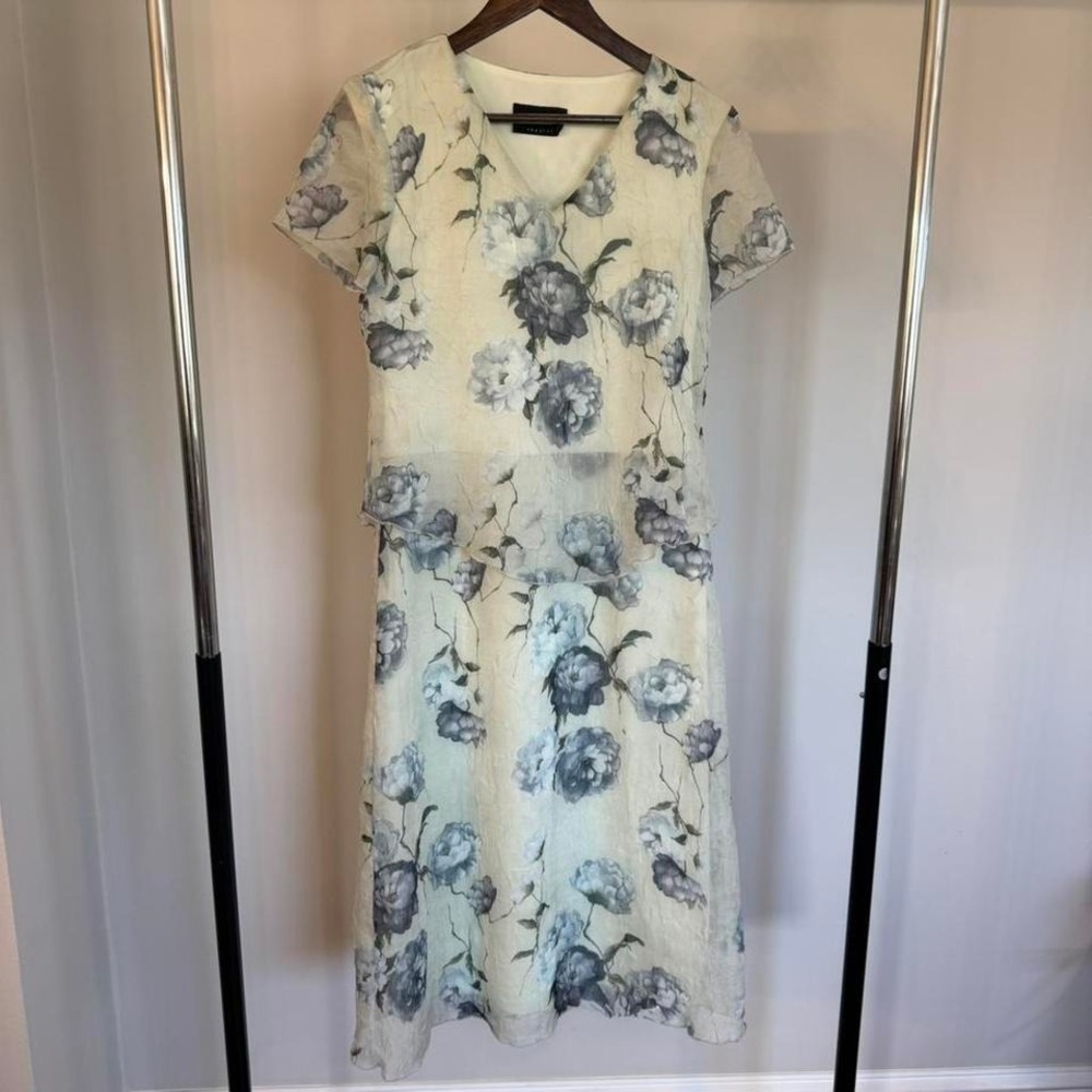 Y2K Light Green Midi Dress With Blue Floral Print, V-Neckline Size Small Easter